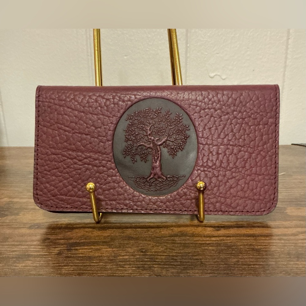 Rare embossed Tree of Life Oberon Design Oxblood Color Leather Checkbook Wallet